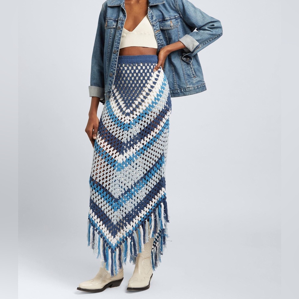 NWT Dodo Bar Or Brejacha Blue Chevron Fringe Maxi Skirt 40